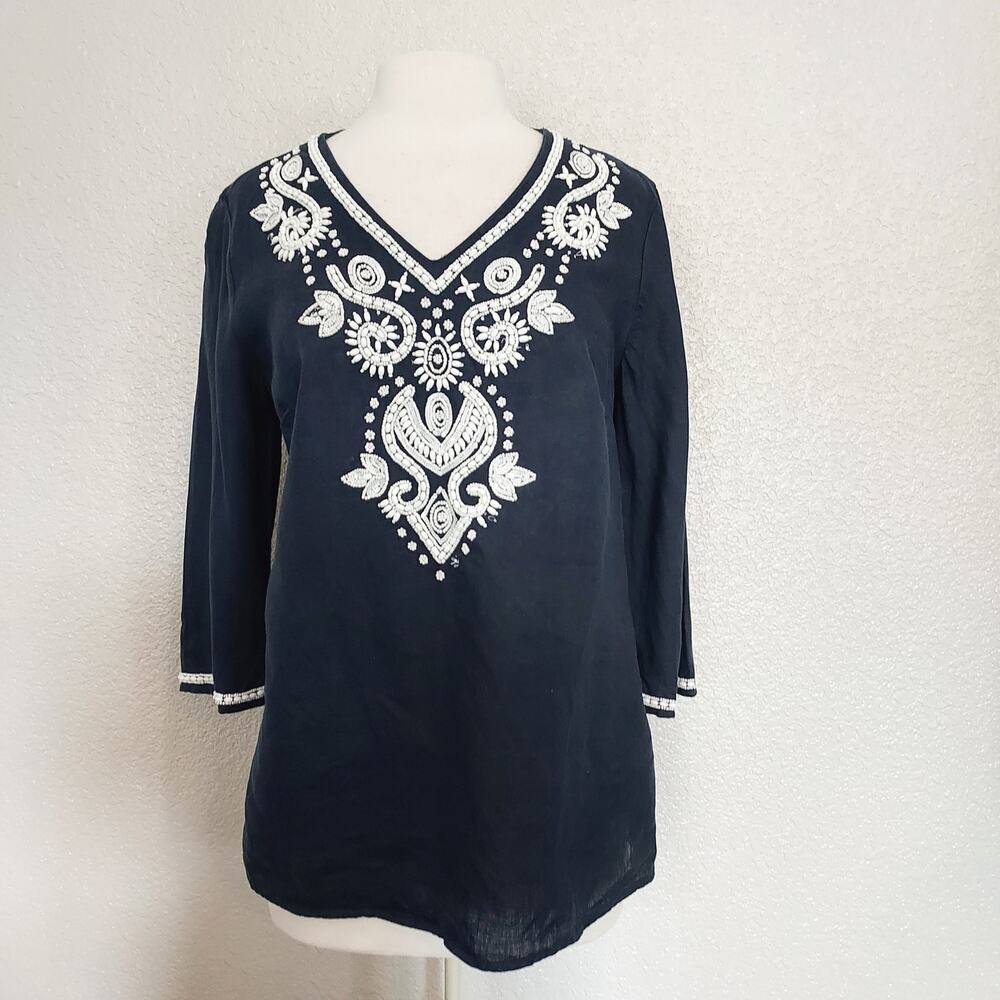 Charter Club Linen Luxury Blue Beaded Blouse Size LP